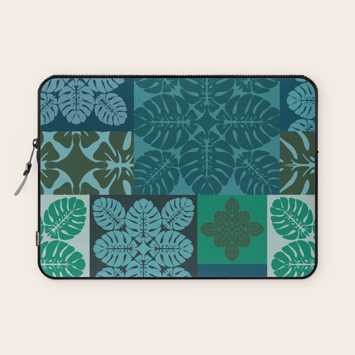 Hawaiian Monstera Quilt pattern Blues Laptop Sleeve Gallery Image 1