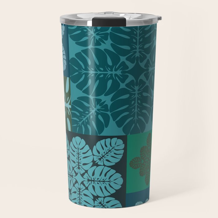 Hawaiian Monstera Quilt pattern Blues Travel Mug Gallery Image 1