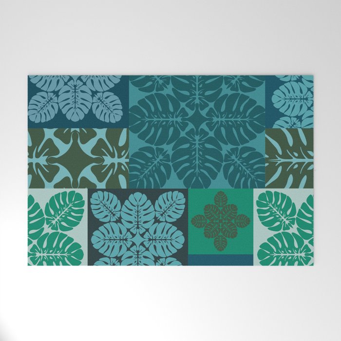 Hawaiian Monstera Quilt pattern Blues Welcome Mat Gallery Image 1