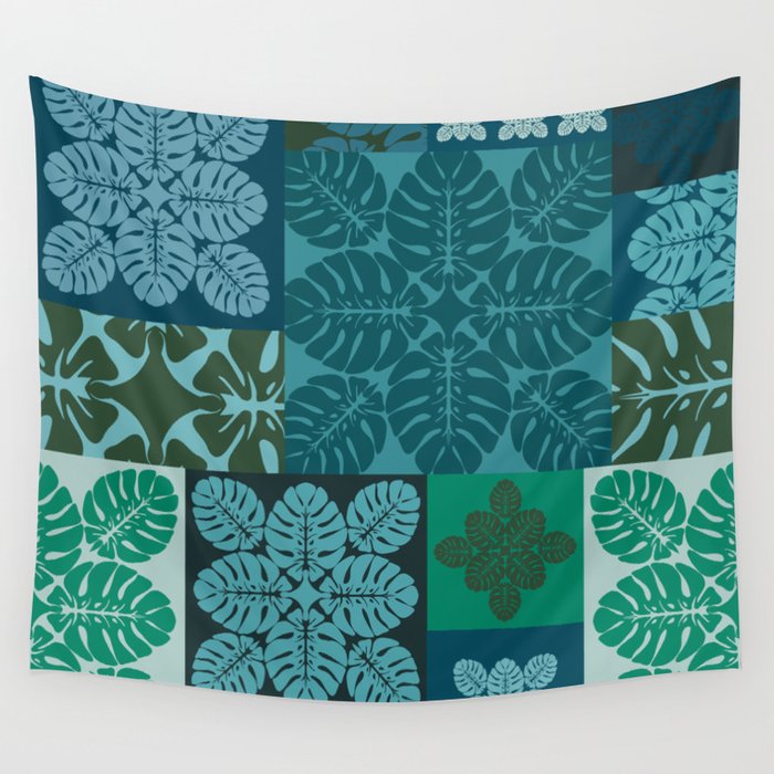 Hawaiian Monstera Quilt pattern Blues Wall Tapestry Gallery Image 4
