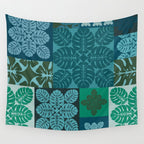 Hawaiian Monstera Quilt pattern Blues Wall Tapestry Gallery Image 4