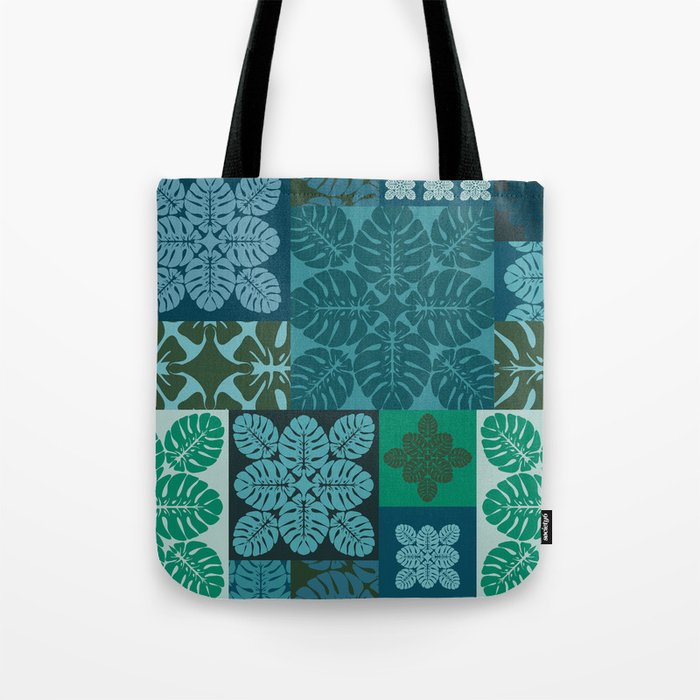 Hawaiian Monstera Quilt pattern Blues Tote Bag Gallery Image 1