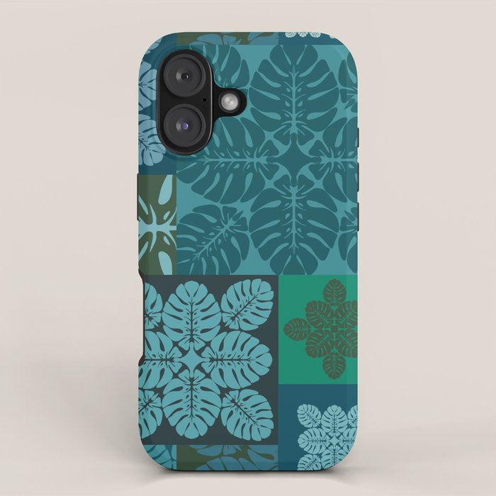 Hawaiian Monstera Quilt pattern Blues iPhone Case Gallery Image 1