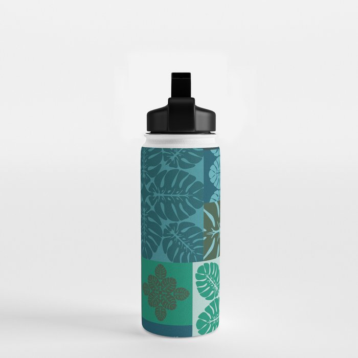 Hawaiian Monstera Quilt pattern Blues Water Bottle Gallery Image 2