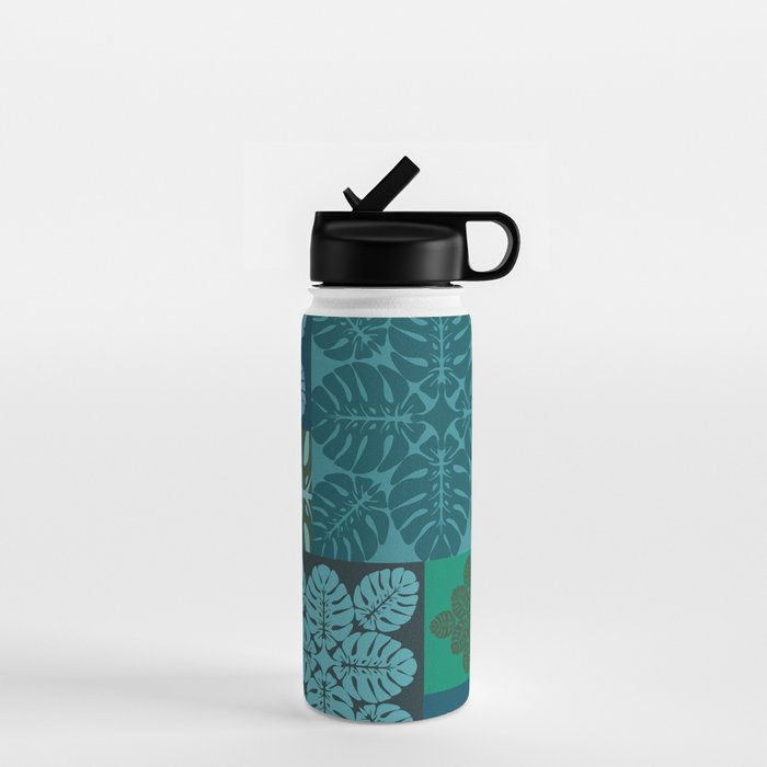 Hawaiian Monstera Quilt pattern Blues Water Bottle Gallery Image 1