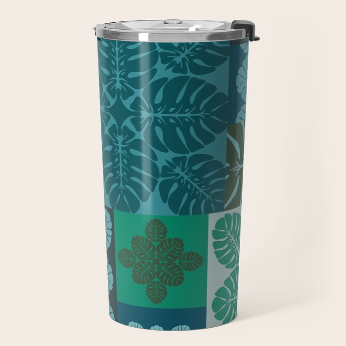 Hawaiian Monstera Quilt pattern Blues Travel Mug Gallery Image 2