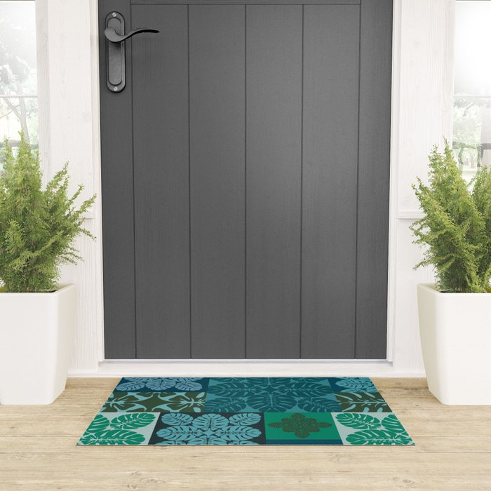 Hawaiian Monstera Quilt pattern Blues Welcome Mat Gallery Image 3
