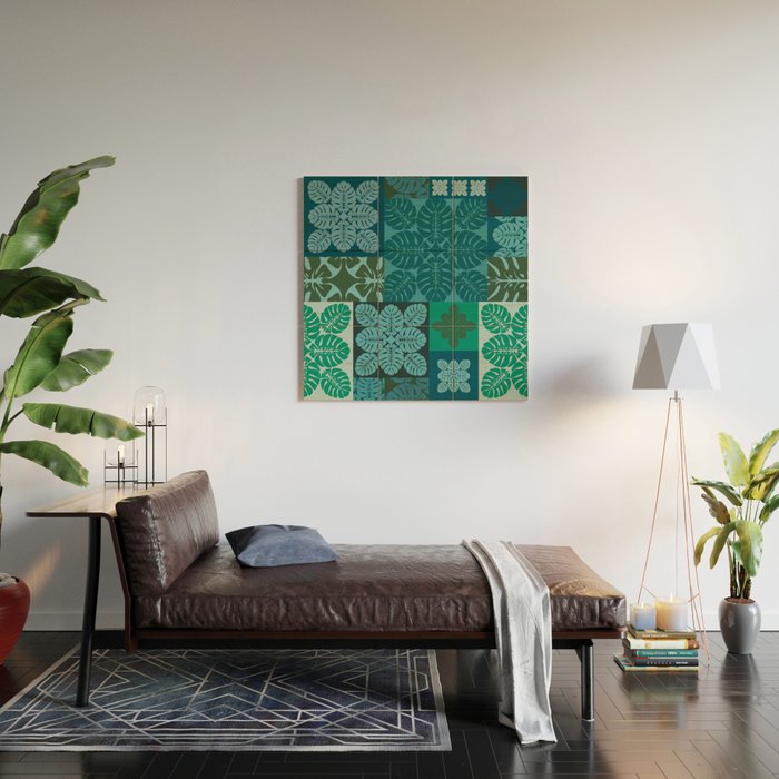 Hawaiian Monstera Quilt pattern Blues Wood Wall Art Gallery Image 2