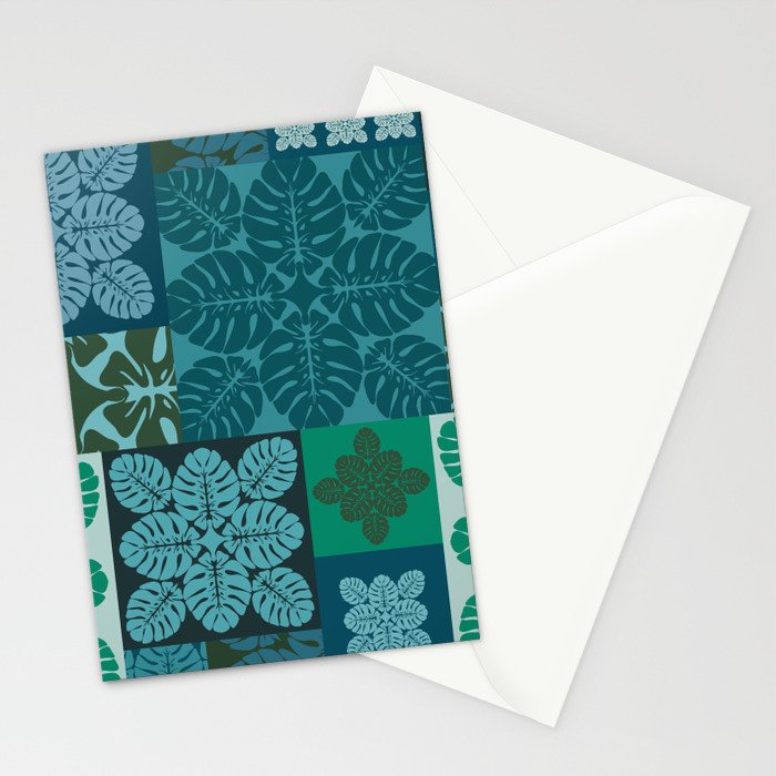 Hawaiian Monstera Quilt pattern Blues Stationery Card Gallery Image 2