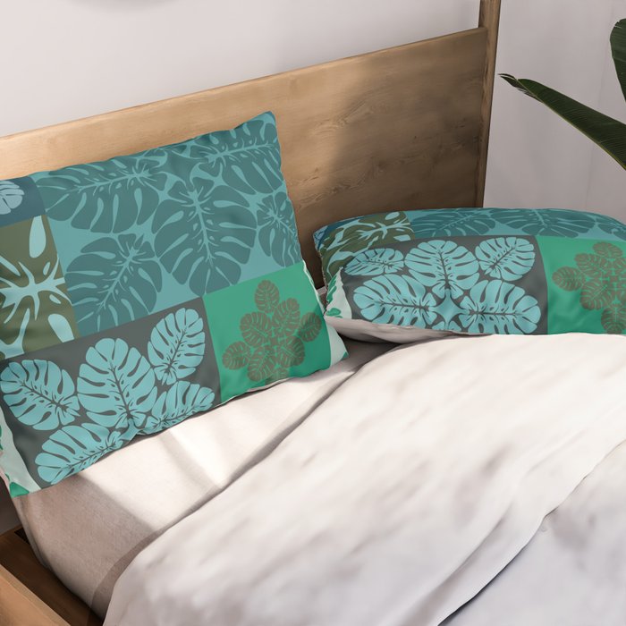 Hawaiian Monstera Quilt pattern Blues Pillow Sham Gallery Image 2