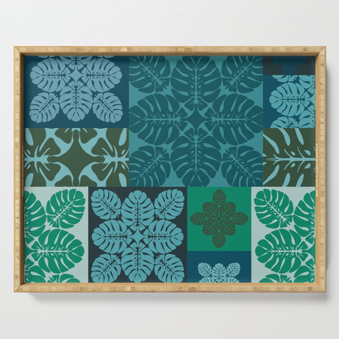 Hawaiian Monstera Quilt pattern Blues Serving Tray Gallery Image 1