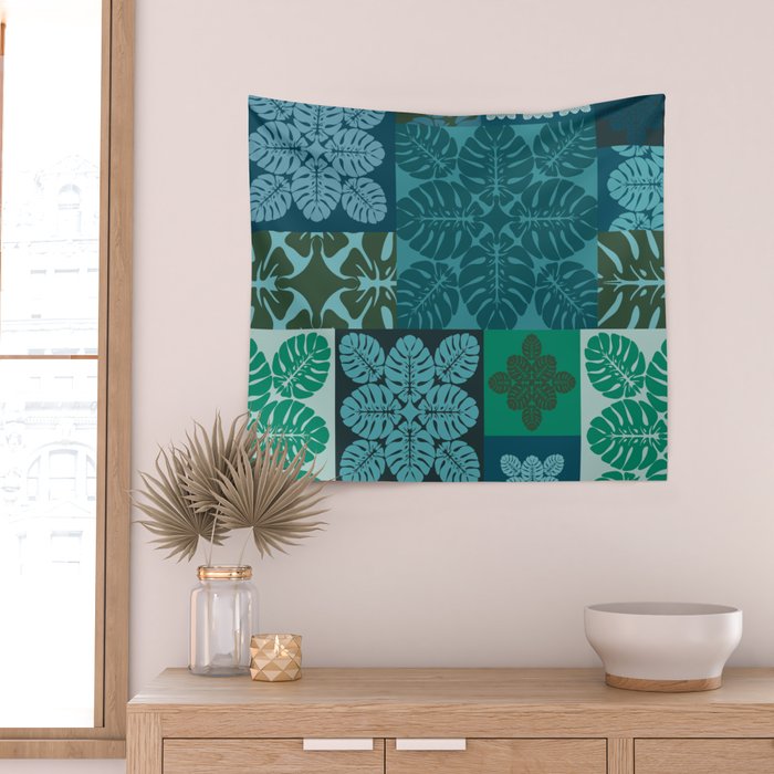 Hawaiian Monstera Quilt pattern Blues Wall Tapestry Gallery Image 2