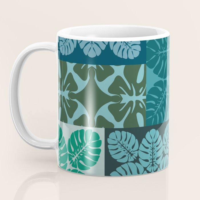 Hawaiian Monstera Quilt pattern Blues Coffee Mug Gallery Image 3
