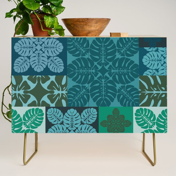 Hawaiian Monstera Quilt Pattern Blues Credenza