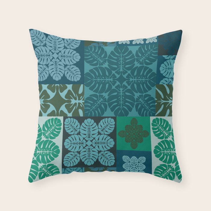 Hawaiian Monstera Quilt pattern Blues Throw Pillow