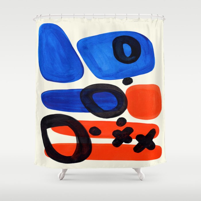 Blue Orange Fun Colorful Mid Century Modern Abstract Painting Shapes Pattern Shower Curtain Gallery Image 1