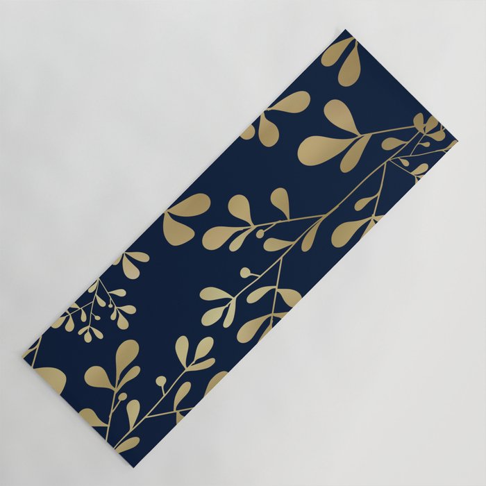 Floral Leaves Navy Blue and Gold Yoga Mat Gallery Image 1