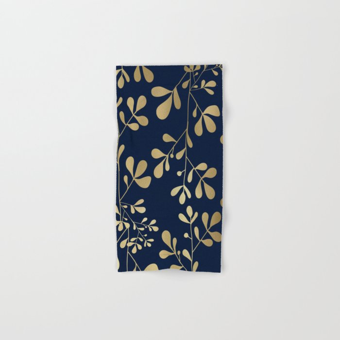 Floral Leaves Navy Blue and Gold Bath Towel Gallery Image 1