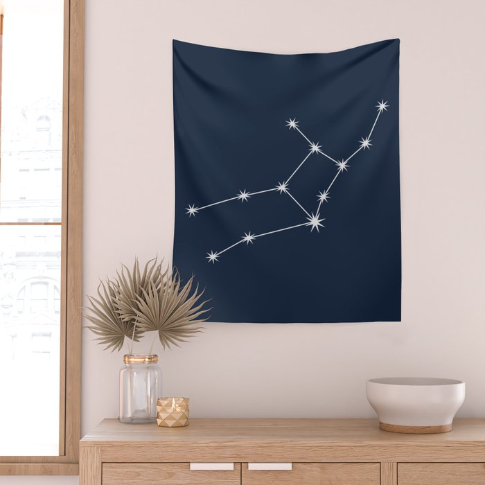 Virgo Zodiac Star Constellation Line Art Dark Blue Wall Tapestry Gallery Image 2