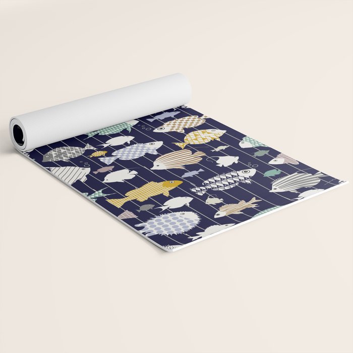 Fresh fish on dark navy blue pattern Yoga Mat Gallery Image 2