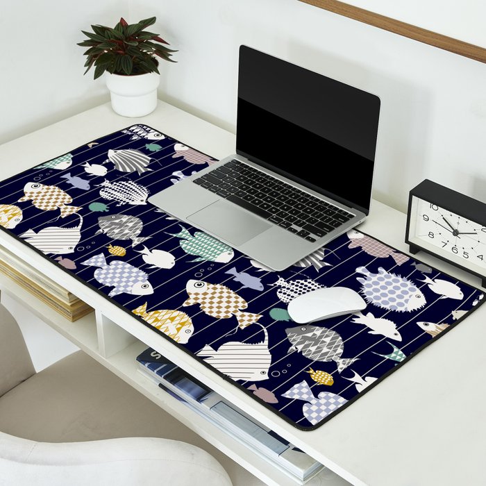Fresh fish on dark navy blue pattern Desk Mat Gallery Image 2