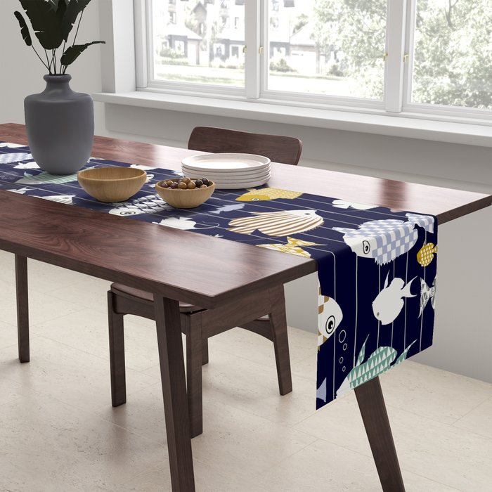 Fresh fish on dark navy blue pattern Table Runner Gallery Image 2