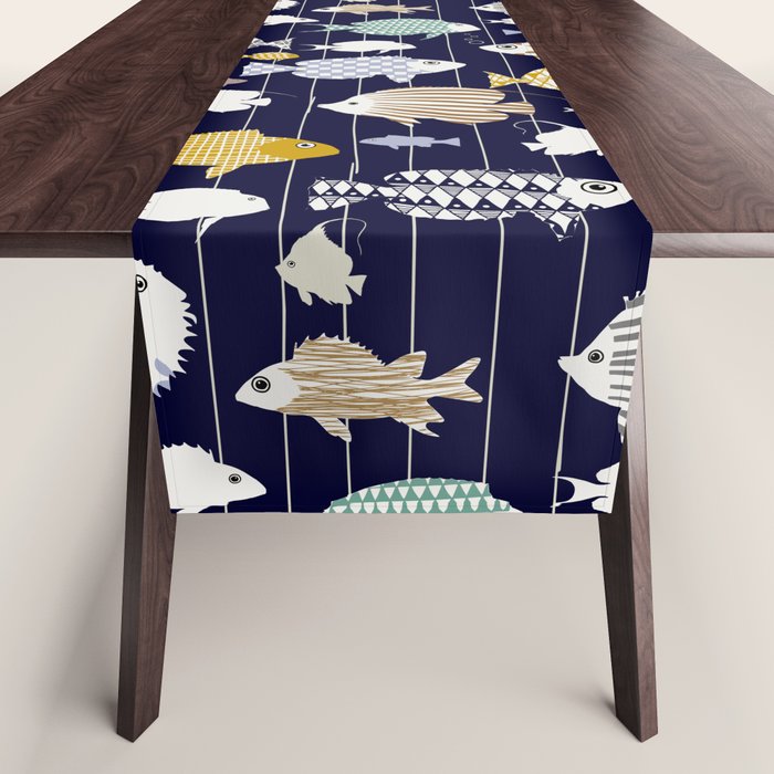 Fresh fish on dark navy blue pattern Table Runner Gallery Image 1
