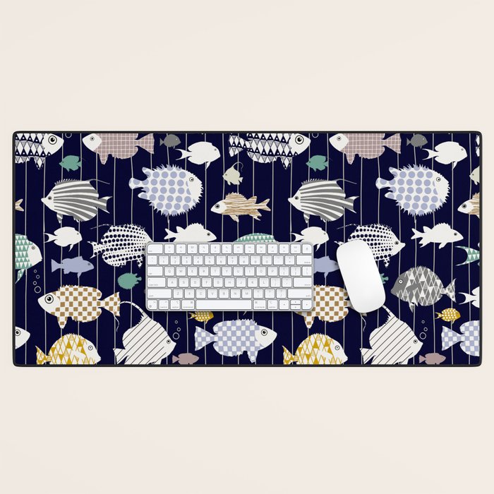 Fresh fish on dark navy blue pattern Desk Mat Gallery Image 1