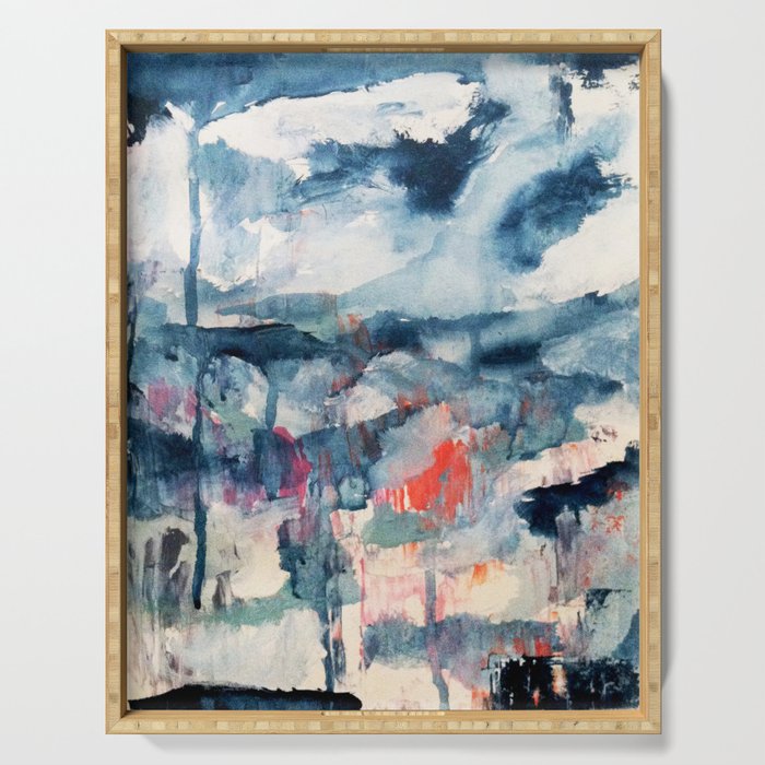 Before the Storm - an abstract acrylic and ink piece in blues, white, pink, and red Serving Tray Gallery Image 1