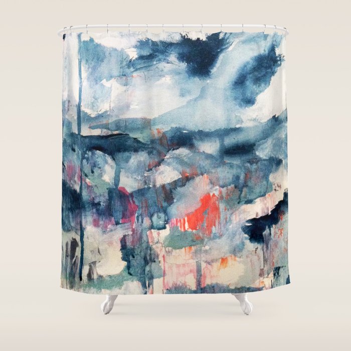 Before the Storm - an abstract acrylic and ink piece in blues, white, pink, and red Shower Curtain Gallery Image 1
