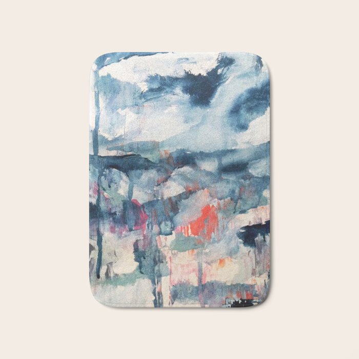 Before the Storm - an abstract acrylic and ink piece in blues, white, pink, and red Bath Mat Gallery Image 1