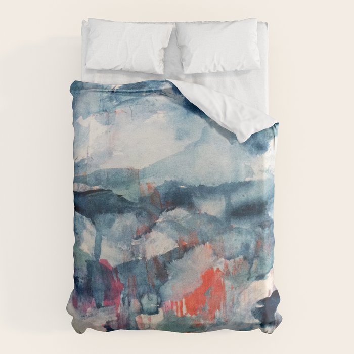 Before the Storm - an abstract acrylic and ink piece in blues, white, pink, and red Duvet Cover Gallery Image 6