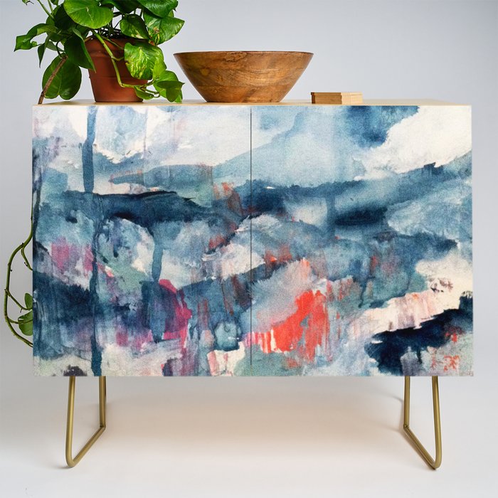Before the Storm - an abstract acrylic and ink piece in blues, white, pink, and red Credenza Gallery Image 1