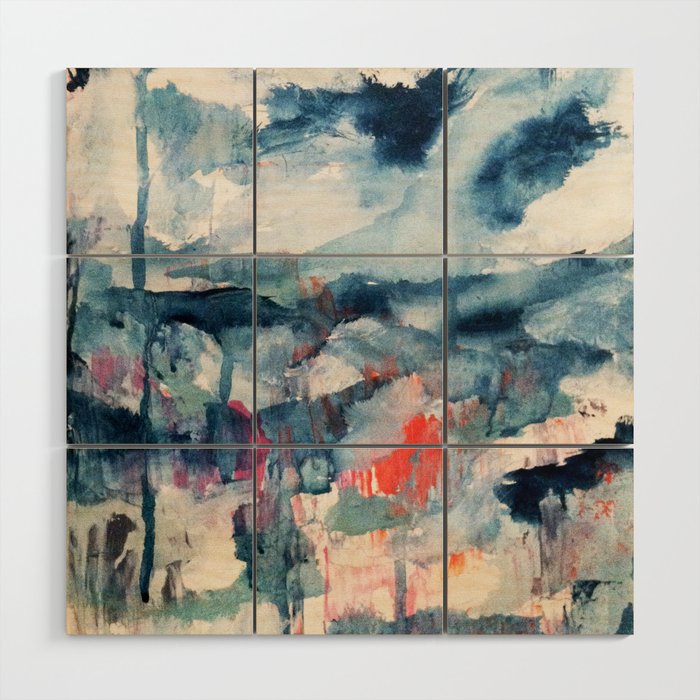 Before the Storm - an abstract acrylic and ink piece in blues, white, pink, and red Wood Wall Art Gallery Image 1