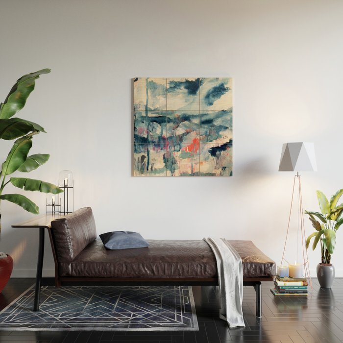 Before the Storm - an abstract acrylic and ink piece in blues, white, pink, and red Wood Wall Art Gallery Image 2