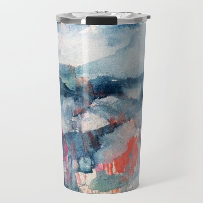 Before the Storm - an abstract acrylic and ink piece in blues, white, pink, and red Travel Mug Gallery Image 1