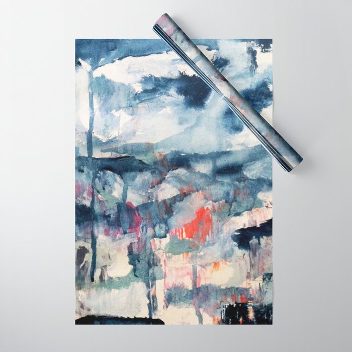 Before the Storm - an abstract acrylic and ink piece in blues, white, pink, and red Wrapping Paper Gallery Image 1