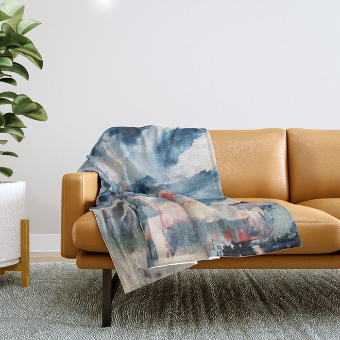Before the Storm - an abstract acrylic and ink piece in blues, white, pink, and red Throw Blanket Gallery Image 1