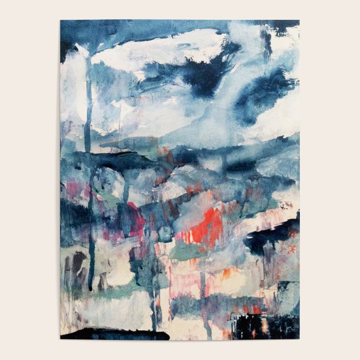 Before the Storm - an abstract acrylic and ink piece in blues, white, pink, and red Poster Gallery Image 4
