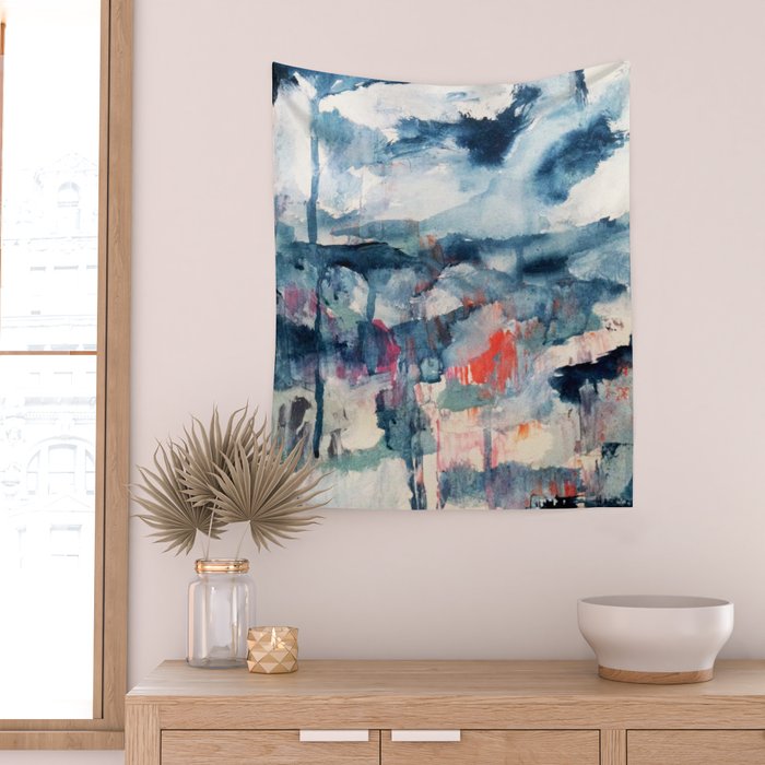 Before the Storm - an abstract acrylic and ink piece in blues, white, pink, and red Wall Tapestry Gallery Image 2