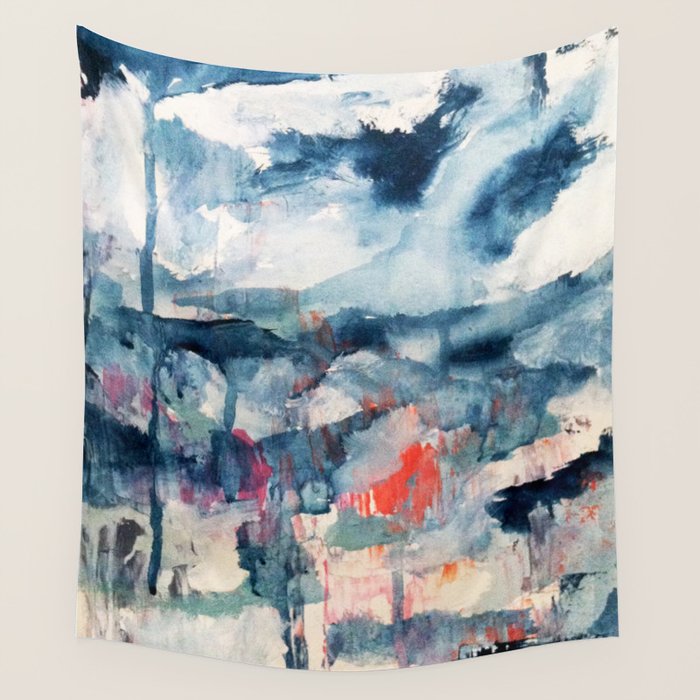 Before the Storm - an abstract acrylic and ink piece in blues, white, pink, and red Wall Tapestry Gallery Image 4