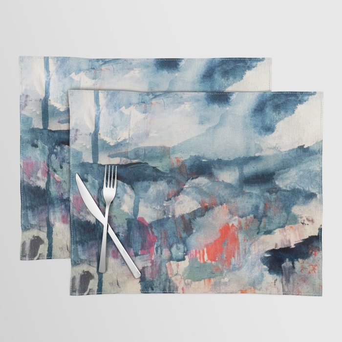 Before the Storm - an abstract acrylic and ink piece in blues, white, pink, and red Placemat Gallery Image 1
