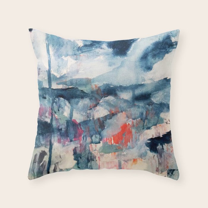 Before the Storm - an abstract acrylic and ink piece in blues, white, pink, and red Throw Pillow Gallery Image 6