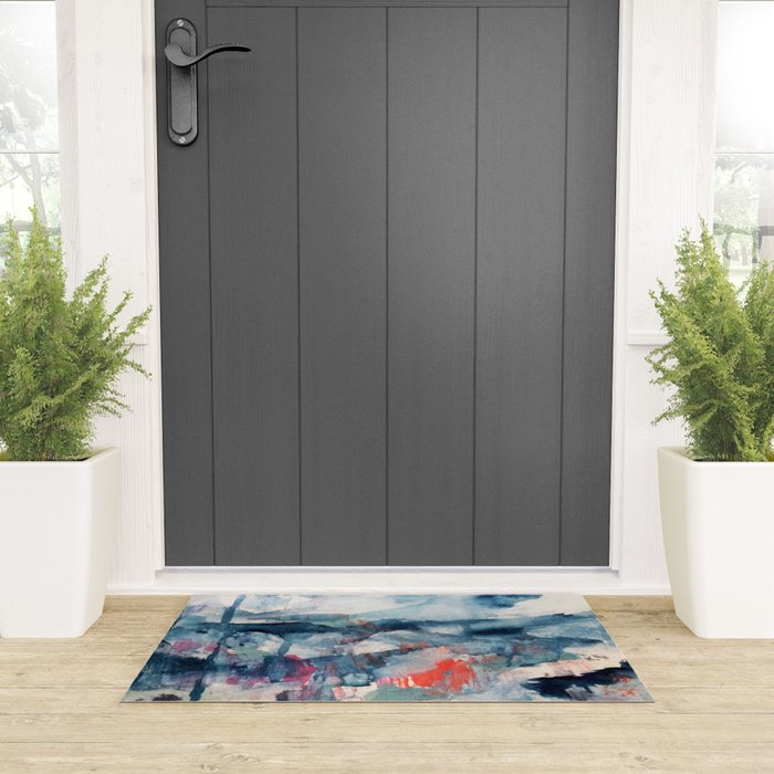 Before the Storm - an abstract acrylic and ink piece in blues, white, pink, and red Welcome Mat Gallery Image 3