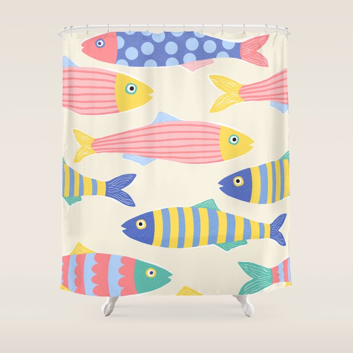 SEA LA VIE - Coastal Pun Fish Art with dots and stripes  Shower Curtain Gallery Image 1