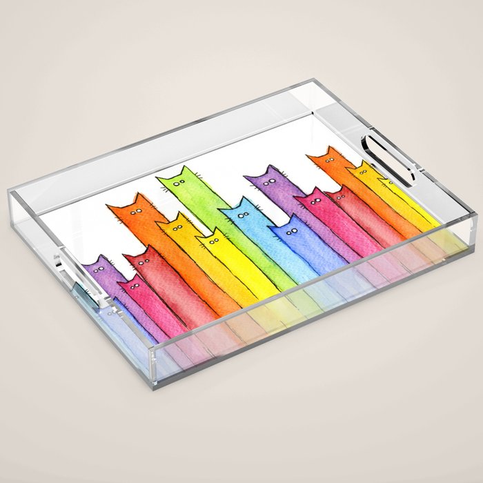 Cat Rainbow Watercolor Pattern Acrylic Tray Gallery Image 1