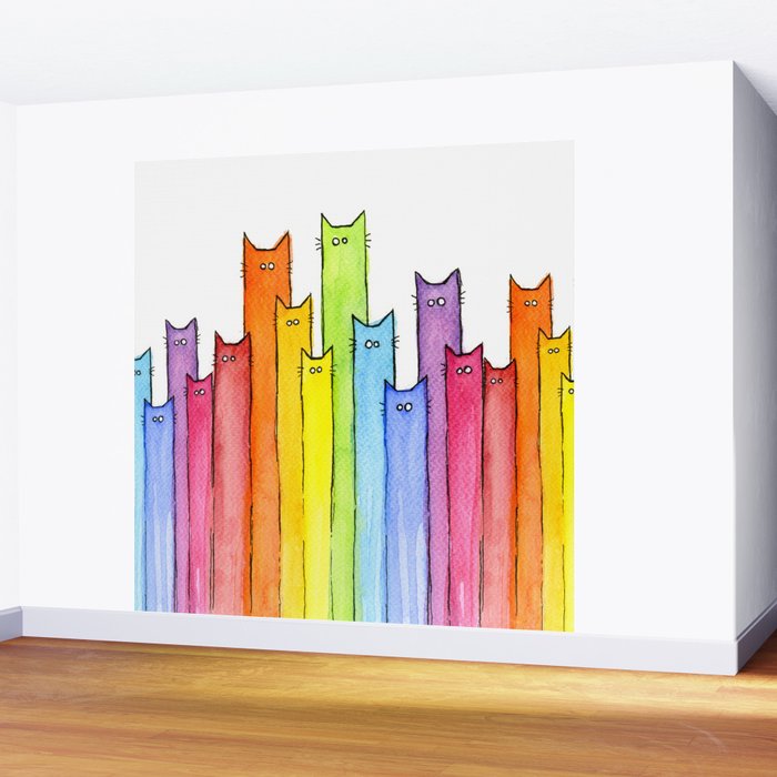 Cat Rainbow Watercolor Pattern Wall Mural Gallery Image 2