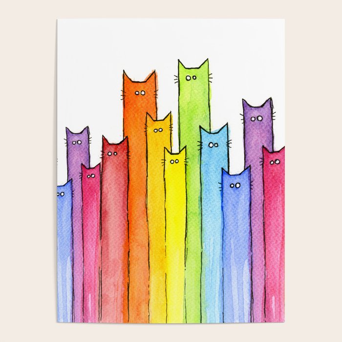 Cat Rainbow Watercolor Pattern Poster Gallery Image 4