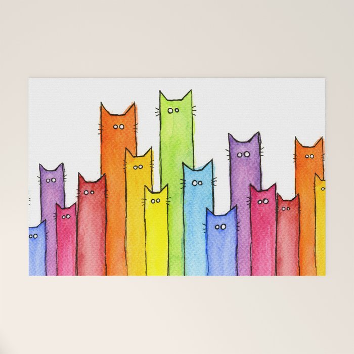 Cat Rainbow Watercolor Pattern Welcome Mat Gallery Image 1