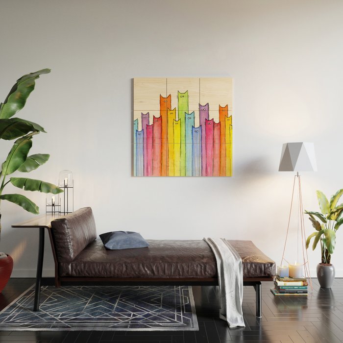 Cat Rainbow Watercolor Pattern Wood Wall Art Gallery Image 2